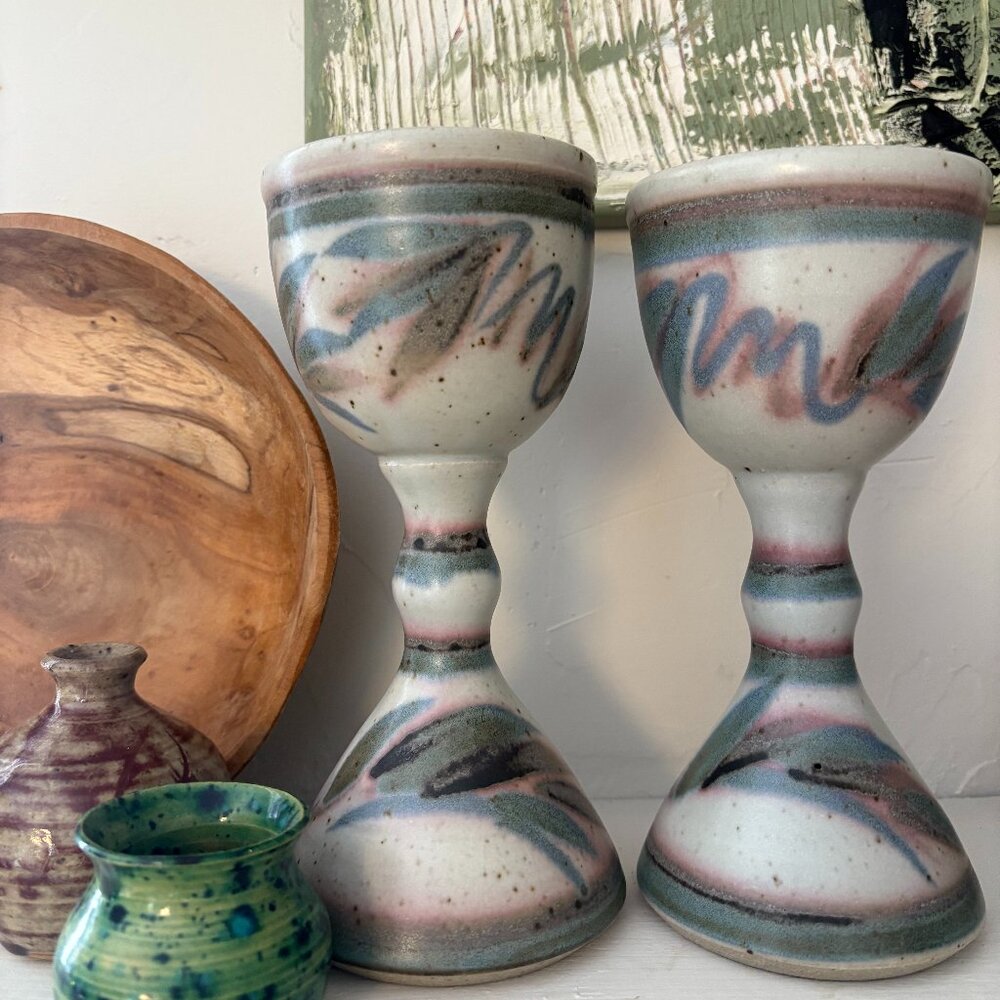 Vintage '87 Pair of Abstract Pottery Goblets